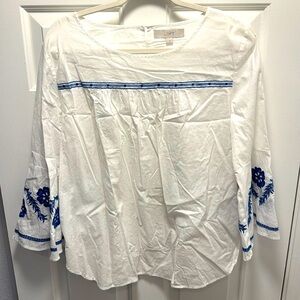 Loft White Cotton Top with Blue Embroidery - Sz L